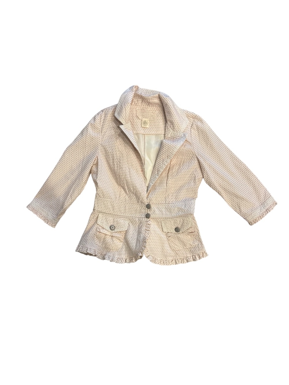 Nick & Mo Anthropologie Pink Stripe Ruffle Blazer Jacket 3/4 Sleeve Size M